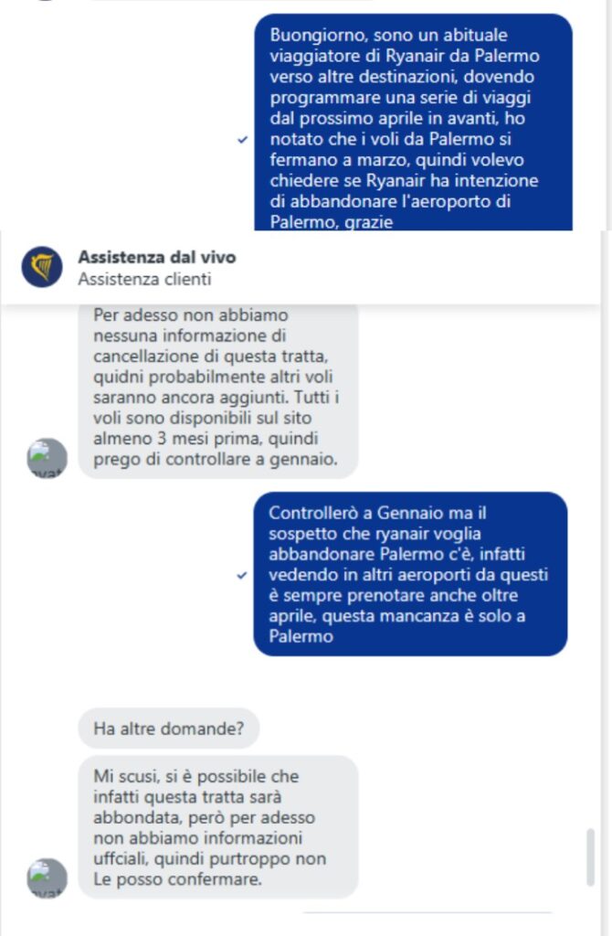screenshot ryanair aeroporto palermo